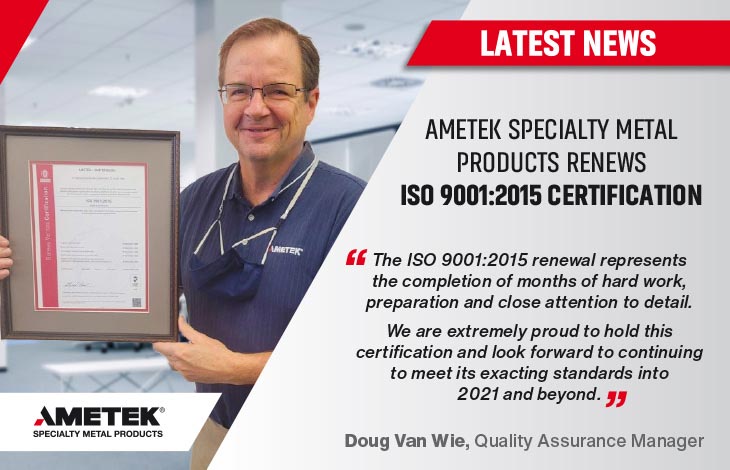 ISO certificate renewed for manufacturing metal strip, shaped wire and engineered shaped components